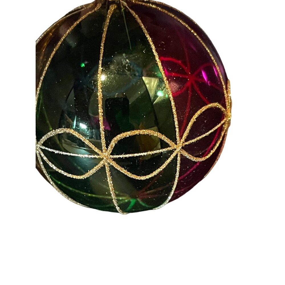 Blown Glass 4” Stained Glass Gold Glitter Christmas Red Green Blue Ornament - Picture 2 of 4